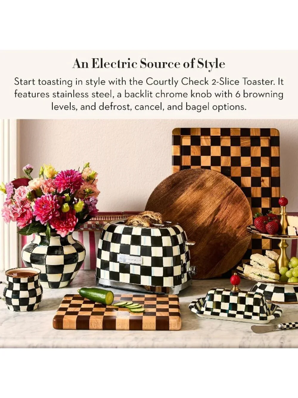 2-Slice Black-and-White Courtly Check Stainless Steel Decorative Bread Toaster